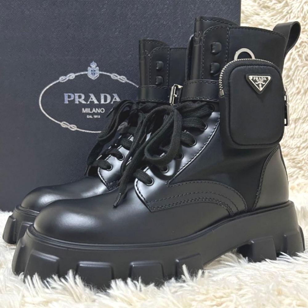 Prada Women's Black Patent Leather Platform Work Boots